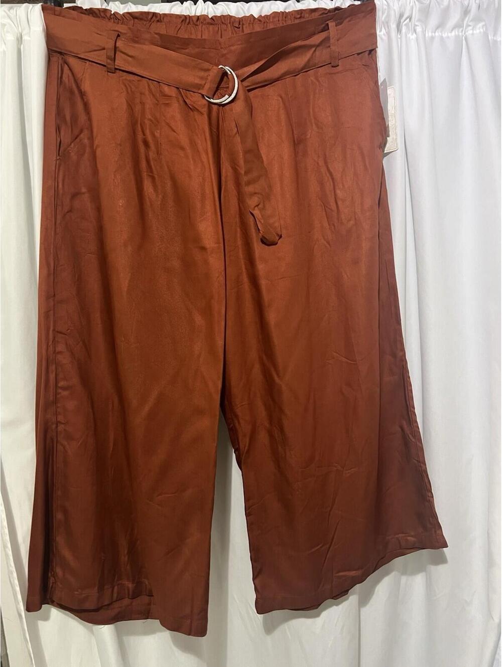 Frank Lyman women wide-leg cropped pants rayon twill rust/brunt orange tie sz 1X